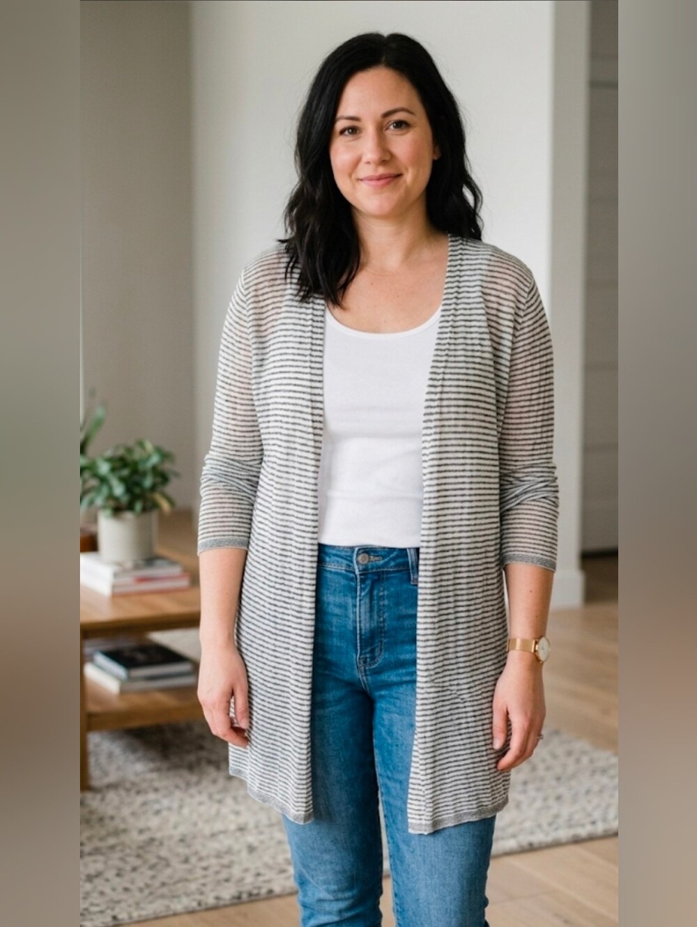 EILEEN FISHER Women Organic Linen  Open-Front Striped Cardigan Size Large L/G